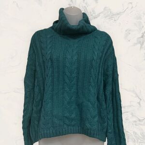 New Olive & Oak Cropped Turtle Neck Ribbed Sweater - size XL- Emerald Green